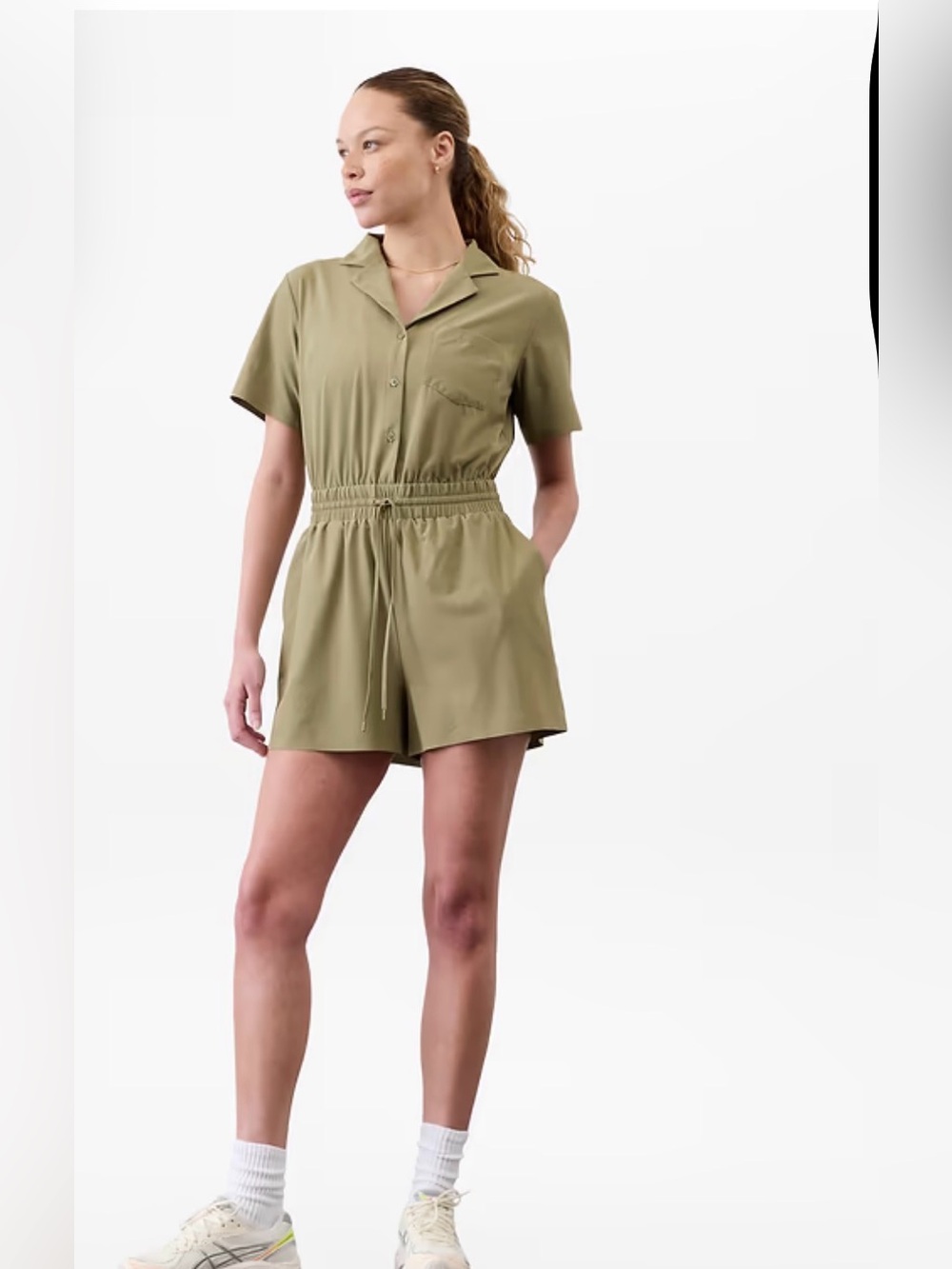 Athleta wrinkle resistant Avenue Romper in Olive Branch size Large